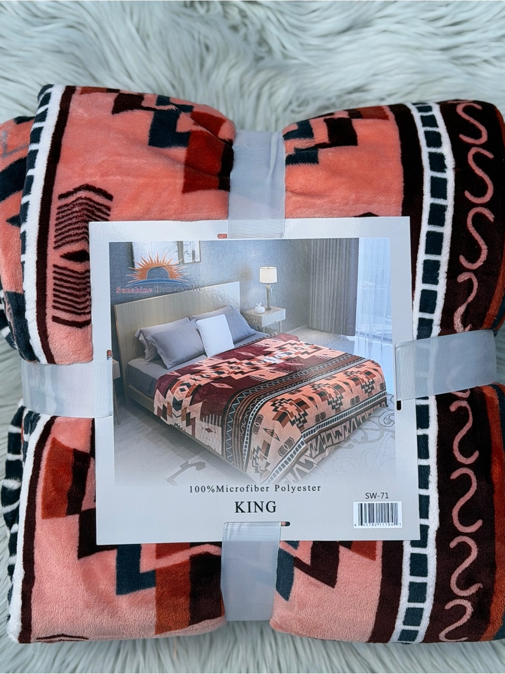 New King size flannel blanket brick Coral Geometric Aztec print double sided
